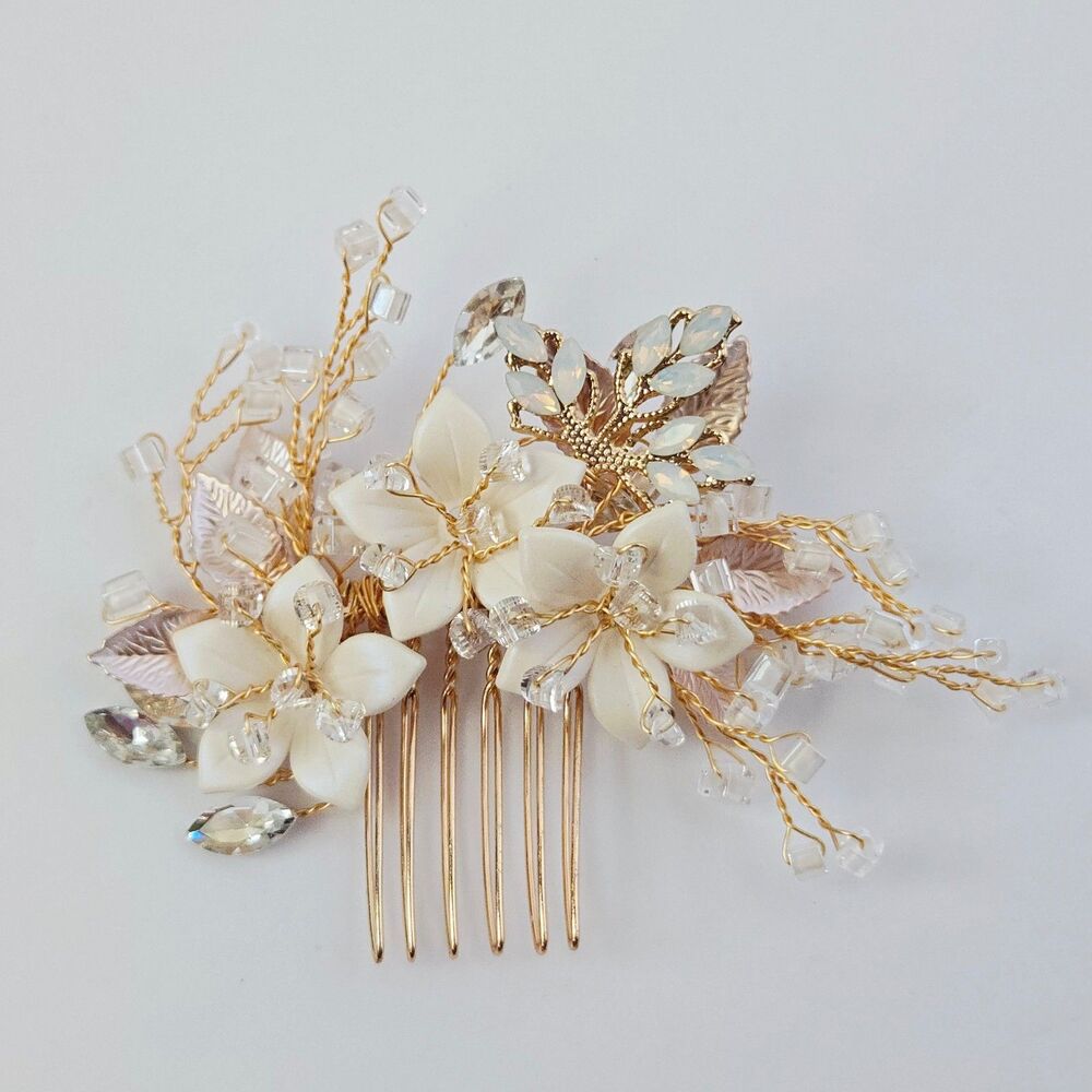 Crystal Floral Bridal Hair Comb Rhinestone Gold Tone Wedding Formal Prom Leaf